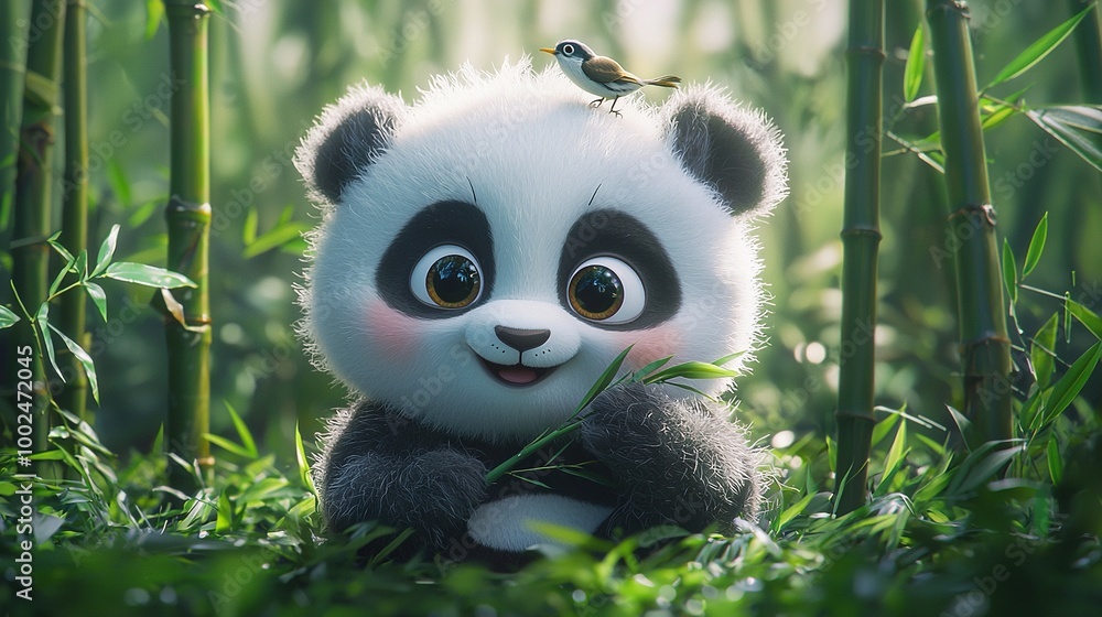 A panda bear in grass with bird perched, bamboo tree background A panda bear in grass with bird perched, bamboo tree background