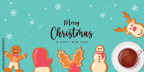 sweet tasty gingerbread cookies and coffee on christmas vector illustration
