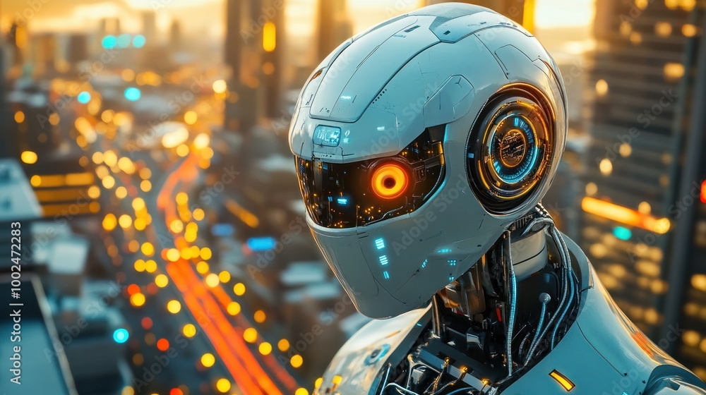 Fototapeta premium Robots maintaining city infrastructure, including repairing roads and buildings, ensuring the city remains in perfect condition