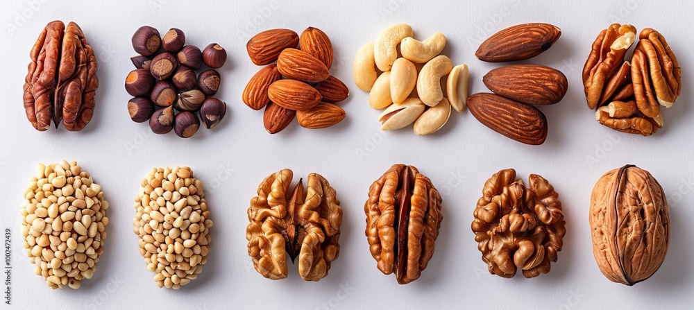 Assorted nuts including almonds, walnuts, and pecans displayed on a white background Assorted nuts including almonds, walnuts, and pecans displayed on a white background