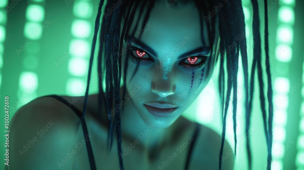 A woman with dreadlocks and glowing eyes in a dark room, AI A woman with dreadlocks and glowing eyes in a dark room, AI