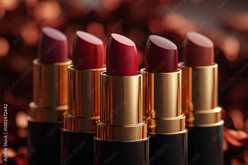 Beautiful array of luxury lipsticks displayed elegantly with a blurred background Beautiful array of luxury lipsticks displayed elegantly with a blurred background
