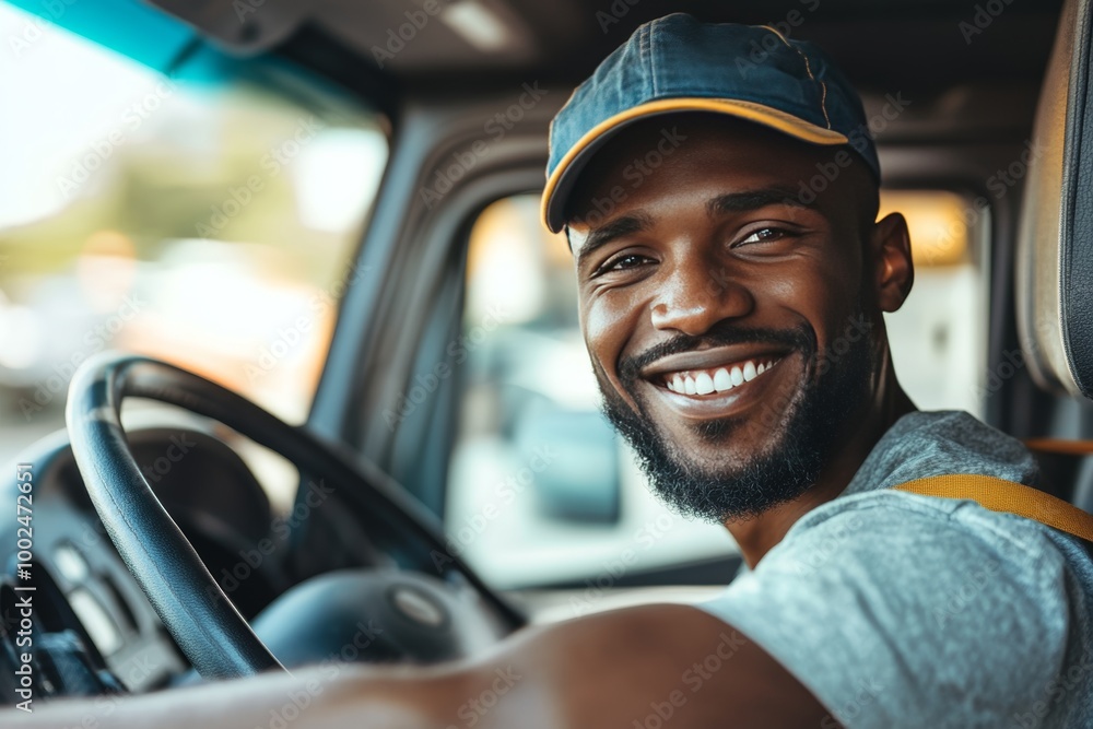 Portrait of a happy, smiling professional truck driver inside of his trucks driving cab. Portrait of a happy, smiling professional truck driver inside of his trucks driving cab.