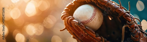 Baseball glove holding a ball, with a soft bokeh background, perfect for sports and leisure themes. photo