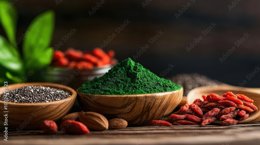 Bowls of healthy superfoods including goji berries, chia seeds, and spirulina displayed on a rustic wooden table. Bowls of healthy superfoods including goji berries, chia seeds, and spirulina displayed on a rustic wooden table.