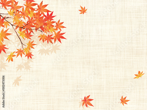 美しい紅葉した葉ー薄い若草色和紙の壁紙ー秋のイメージ背景素材フレーム
