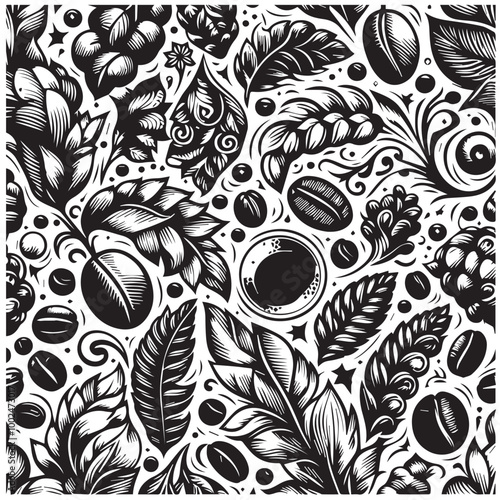 Coffee beans pattern black vector black color silhouette white color background
