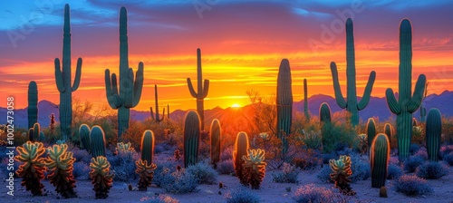 Colorful sunset over arizona s southwest desert with cacti in the wild west landscape photo