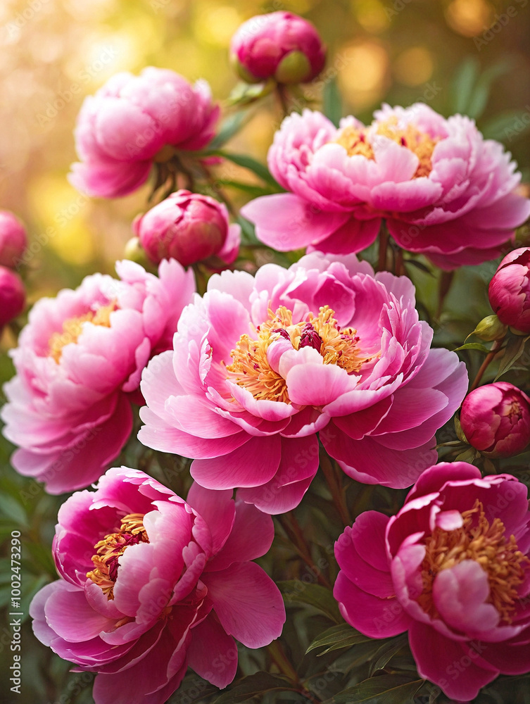Peony Cluster with Sunlit Bokeh Background Peony Cluster with Sunlit Bokeh Background