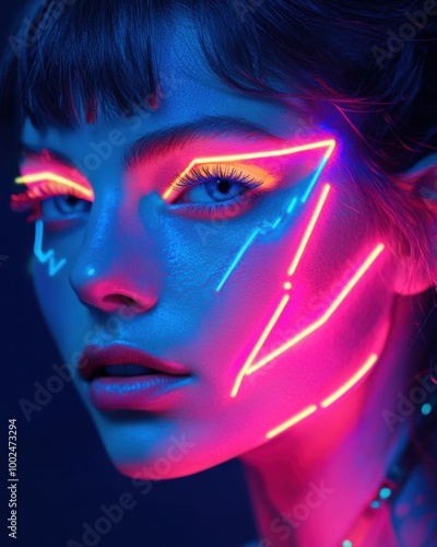 Futuristic Y3K portrait woman with vibrant neon make up for avantgarde fashion and high-tech beauty concepts