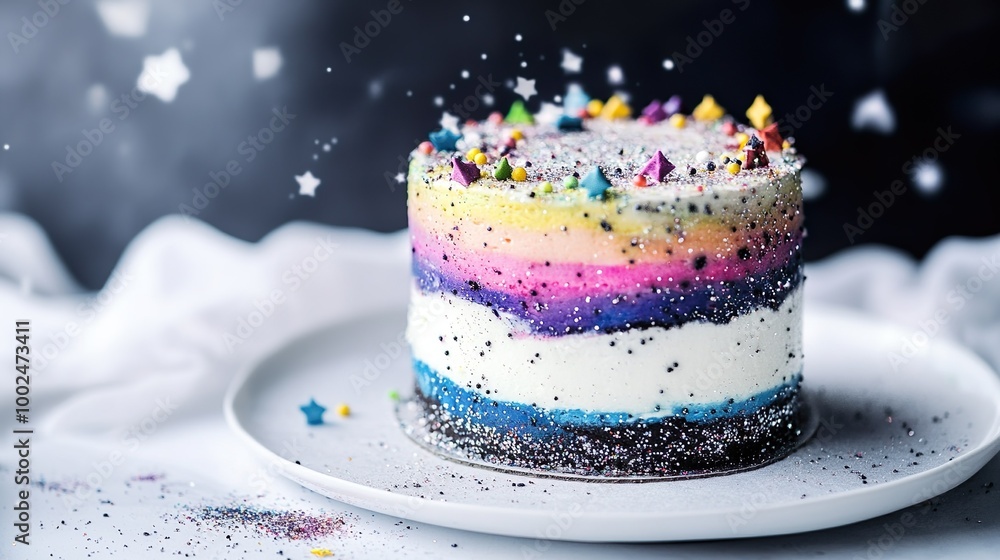 A colorful cake with sprinkles and stars on top A colorful cake with sprinkles and stars on top
