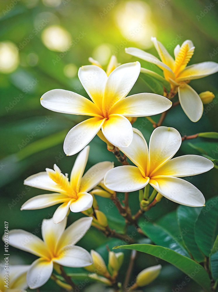 Naklejka premium White and Yellow Plumeria Bloom with Lush Green Blur