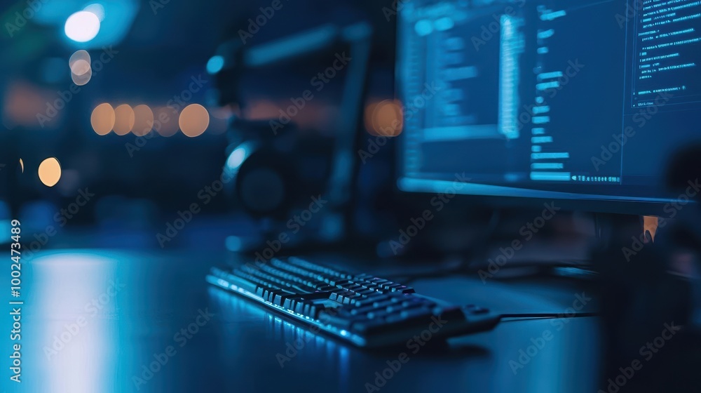 Close-up of a computer keyboard and monitor displaying code at night, illuminated by blue light. Close-up of a computer keyboard and monitor displaying code at night, illuminated by blue light.