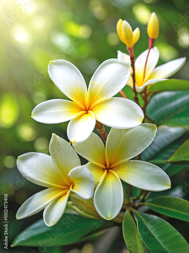 White and Yellow Plumeria Bloom with Lush Green Blur