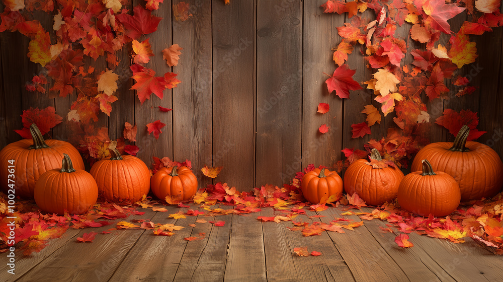 A symmetrical display of pumpkins and scattered fall leaves on a wooden plank background