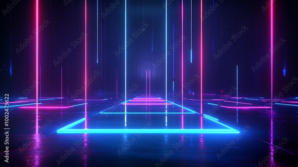 A captivating digital scene of illuminated neon lines casting reflections on a dark floor. A captivating digital scene of illuminated neon lines casting reflections on a dark floor.