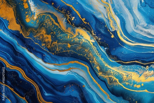 Wallpaper Mural Abstract Marbled Design with Swirling Blue and Gold Patterns, Resembling Fluid Art and Cosmic Inspiration Torontodigital.ca