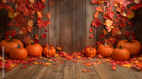 Obraz na płótnie A symmetrical display of pumpkins and scattered fall leaves on a wooden plank background w salonie