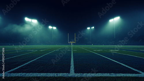 American football field stadium lights helmet and ball touchdown background