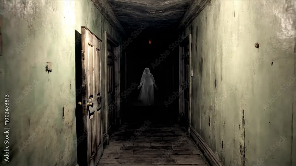 Ghost Appearing in Dark Abandoned Hallway for Horror and Haunted Themes Ghost Appearing in Dark Abandoned Hallway for Horror and Haunted Themes