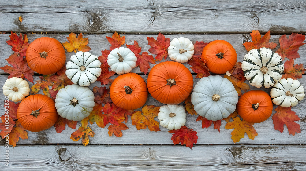 A symmetrical display of pumpkins and scattered fall leaves on a wooden plank background