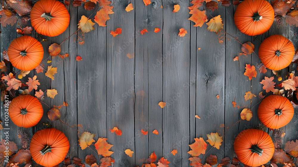 A symmetrical display of pumpkins and scattered fall leaves on a wooden plank background