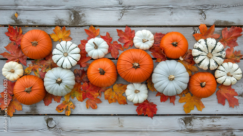 Obraz na płótnie A symmetrical display of pumpkins and scattered fall leaves on a wooden plank background w salonie