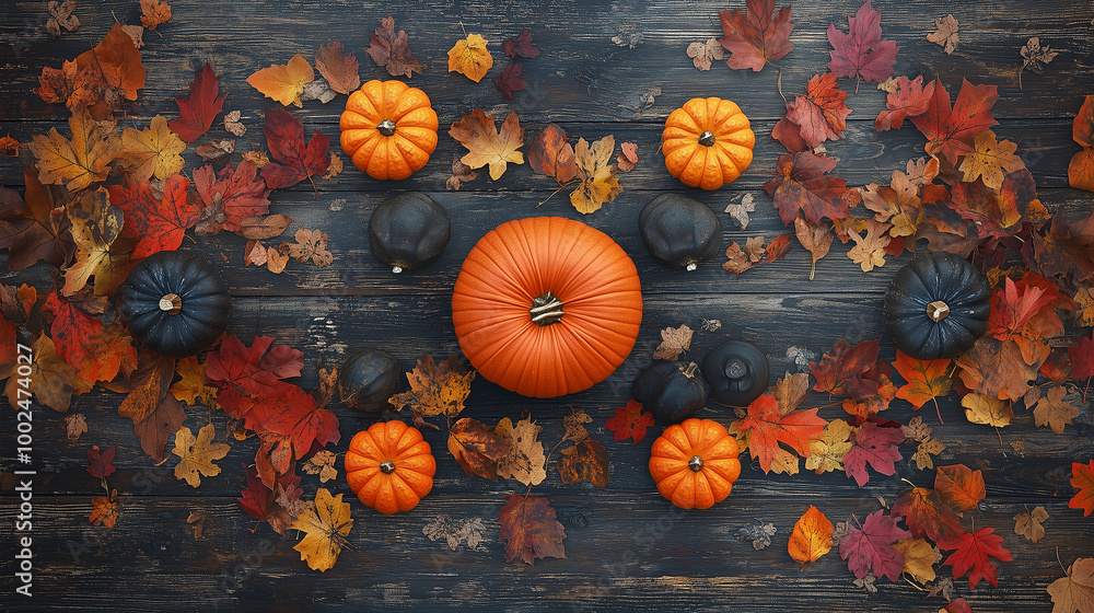 A symmetrical display of pumpkins and scattered fall leaves on a wooden plank background