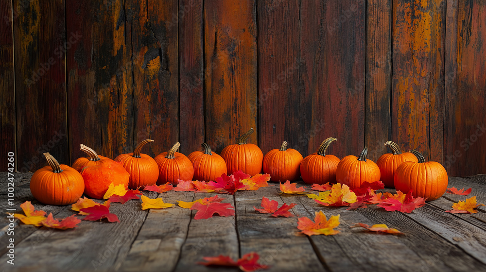 A symmetrical display of pumpkins and scattered fall leaves on a wooden plank background