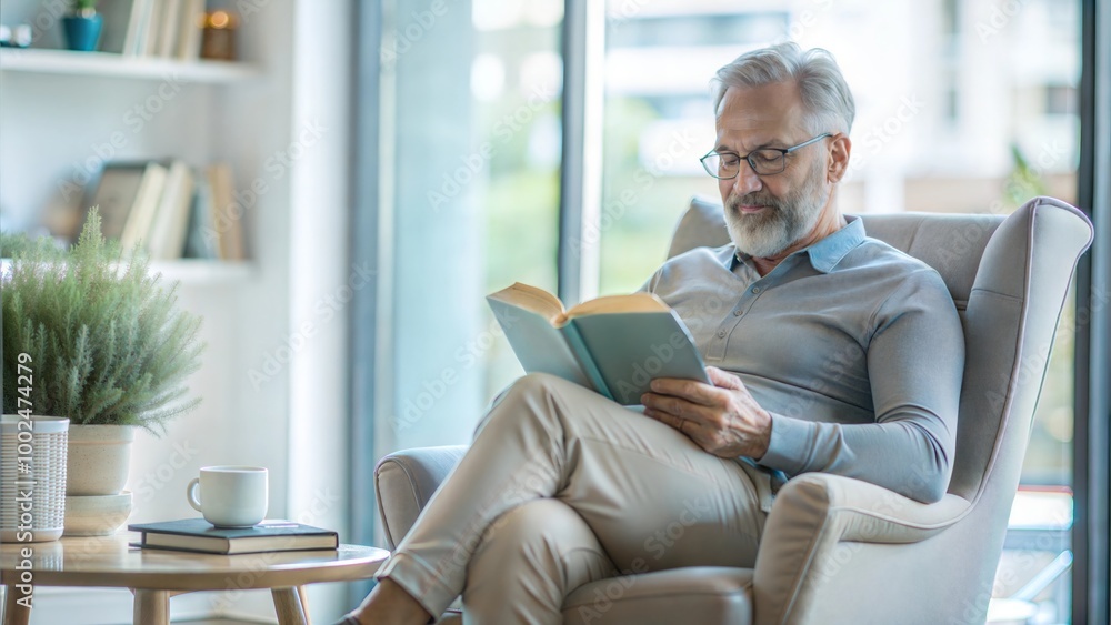 Relaxing retired man reading book sitting on very cozy chair at home interior, side view copy space Relaxing retired man reading book sitting on very cozy chair at home interior, side view copy space