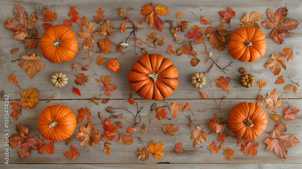 A symmetrical display of pumpkins and scattered fall leaves on a wooden plank background