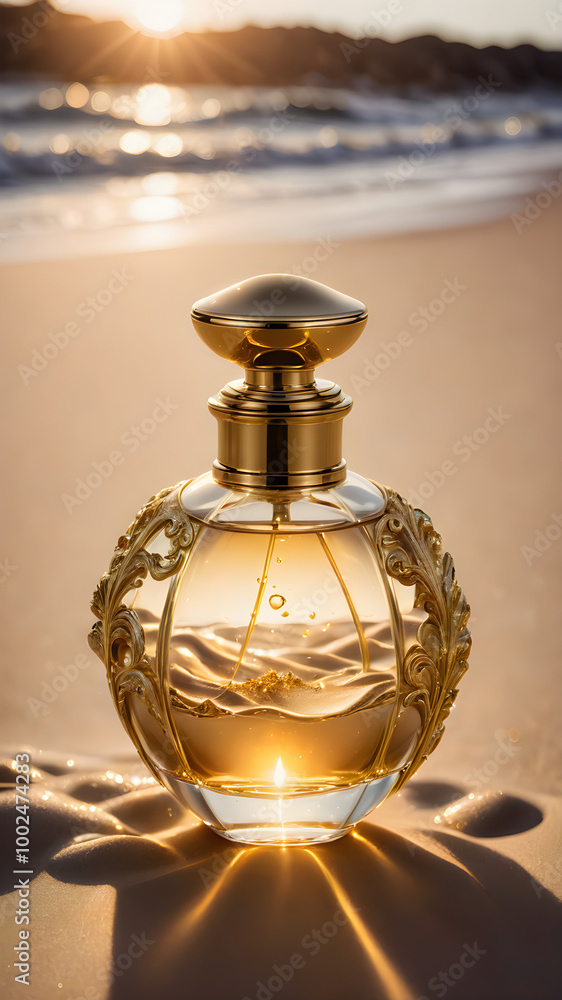 Golden perfume bottle placed on a beach, with golden sunlight reflecting off the waves and casting a warm glow across the sand Golden perfume bottle placed on a beach, with golden sunlight reflecting off the waves and casting a warm glow across the sand
