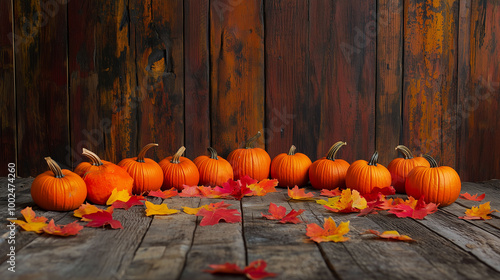 Obraz na płótnie A symmetrical display of pumpkins and scattered fall leaves on a wooden plank background w salonie