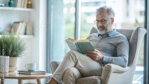 Relaxing retired  man reading book sitting on very cozy chair at home interior, side view copy space