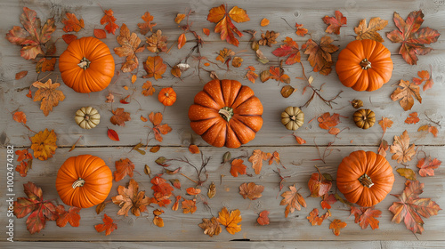 Obraz na płótnie A symmetrical display of pumpkins and scattered fall leaves on a wooden plank background w salonie