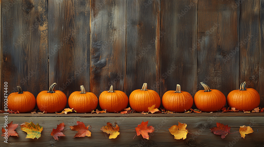 A row of orange pumpkins arranged neatly on a rustic wooden background with scattered autumn leaves