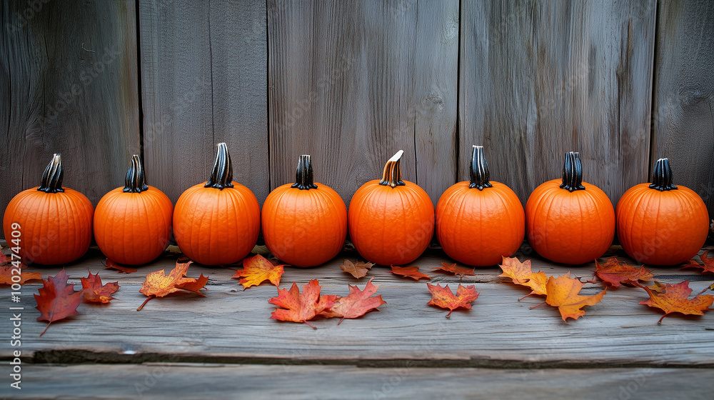 A row of orange pumpkins arranged neatly on a rustic wooden background with scattered autumn leaves