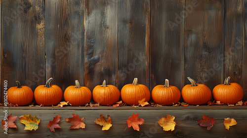 Obraz na płótnie A row of orange pumpkins arranged neatly on a rustic wooden background with scattered autumn leaves w salonie