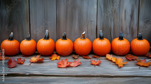Obraz na płótnie A row of orange pumpkins arranged neatly on a rustic wooden background with scattered autumn leaves w salonie