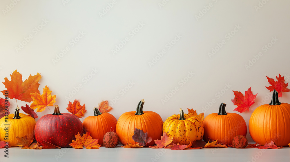 A light surface with a neatly arranged row of pumpkins and fall leaves, space for text