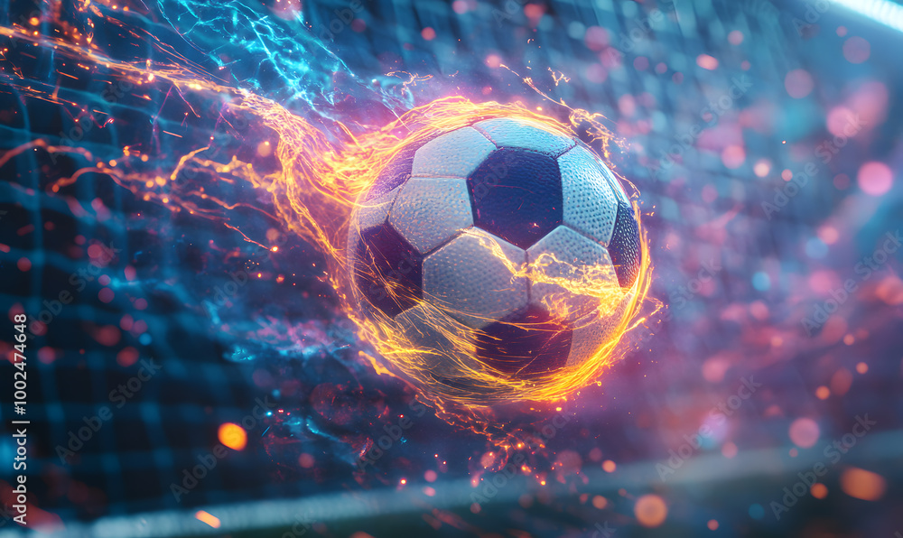 Fototapeta premium Dynamic Neon Football Action with Futuristic Geometric Patterns and Vibrant Light Trails for High-Energy Sports Advertising Backgrounds