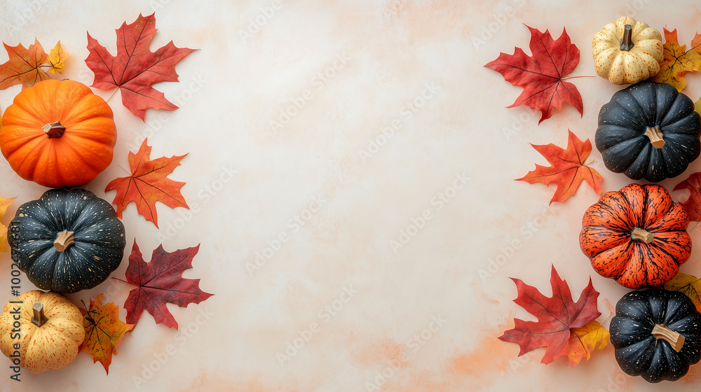 A light surface with a neatly arranged row of pumpkins and fall leaves, space for text