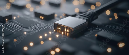 Close-up of a USB connector on a circuit board with glowing lights, representing connectivity and digital technology. photo