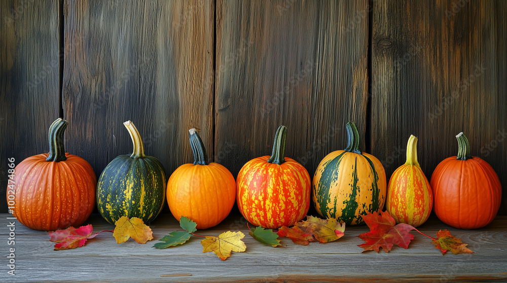 A colorful display of pumpkins, pumpkins and leaves sitting in a row on wooden background