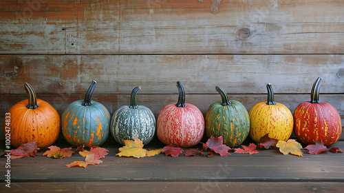 Obraz na płótnie A colorful display of pumpkins, pumpkins and leaves sitting in a row on wooden background w salonie