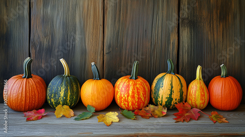Obraz na płótnie A colorful display of pumpkins, pumpkins and leaves sitting in a row on wooden background w salonie