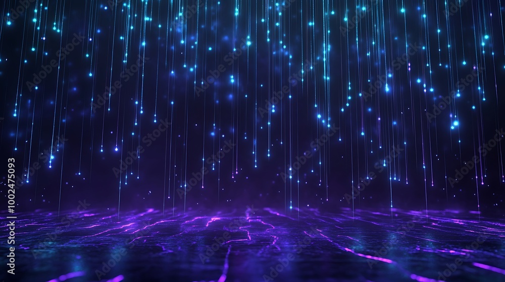 A stunning digital background featuring vibrant blue and purple glowing lights cascading down like rain in a dark setting. A stunning digital background featuring vibrant blue and purple glowing lights cascading down like rain in a dark setting.