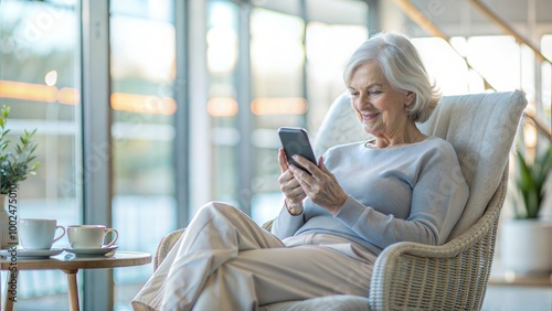 Relaxing retired  man looking phone sitting on very cozy chair at home interior, side view copy space