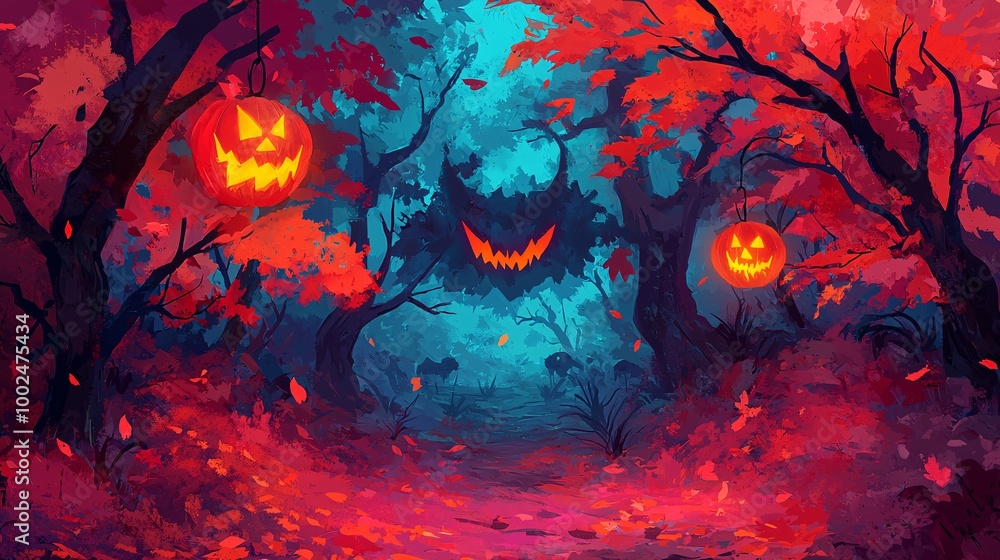 Fototapeta premium A vibrant, spooky forest scene with glowing jack-o'-lanterns, colorful autumn leaves, and mysterious dark figures, creating a Halloween atmosphere.