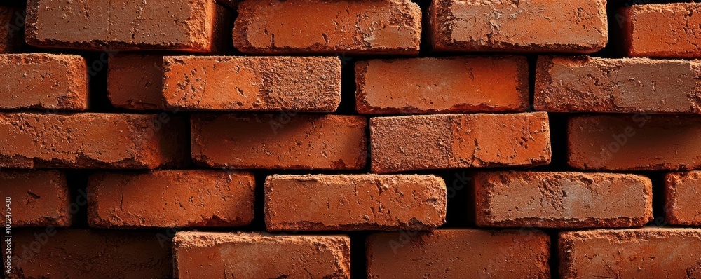 Fototapeta premium Close-up of textured red bricks arranged in a wall pattern, perfect for construction or design projects.